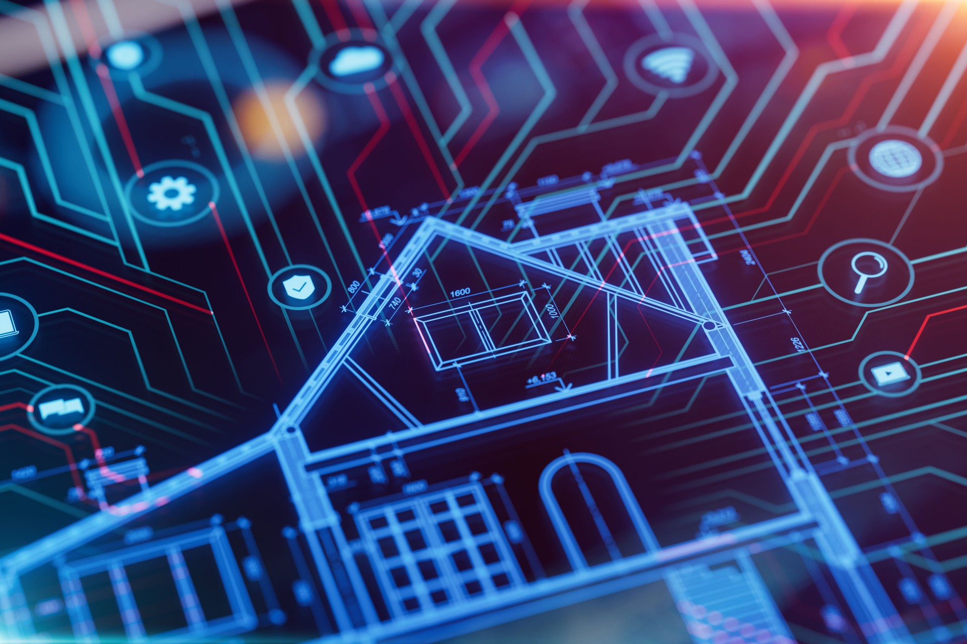 Blueprint of a house with technology icons.