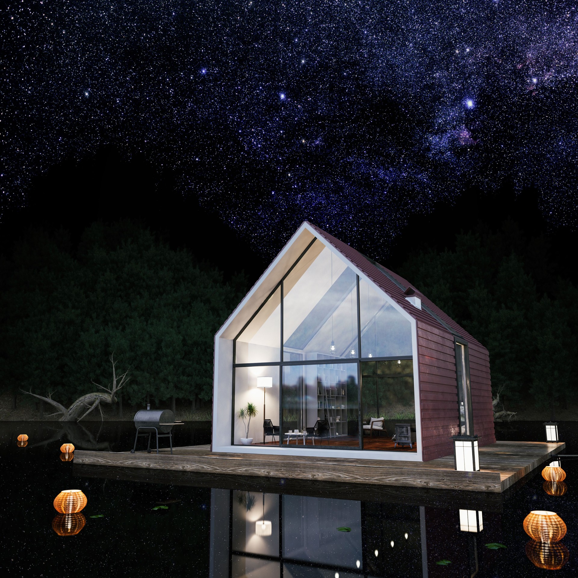 Modern Lake House with Milky Way